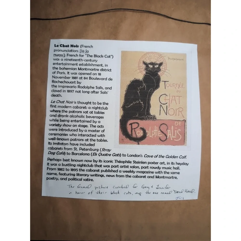 Mod Vintage Le Chat Noir Black Cat Framed/Matted Needlepoint Wall Art Handmade